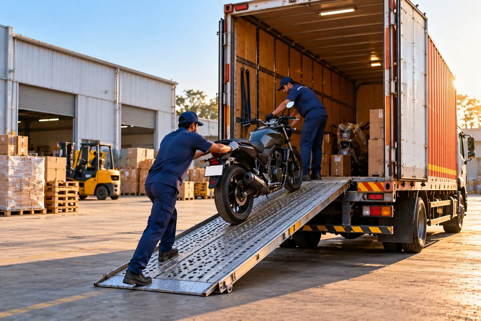 Two movers push a black motorcycle up a metal ramp into a covered transport truck