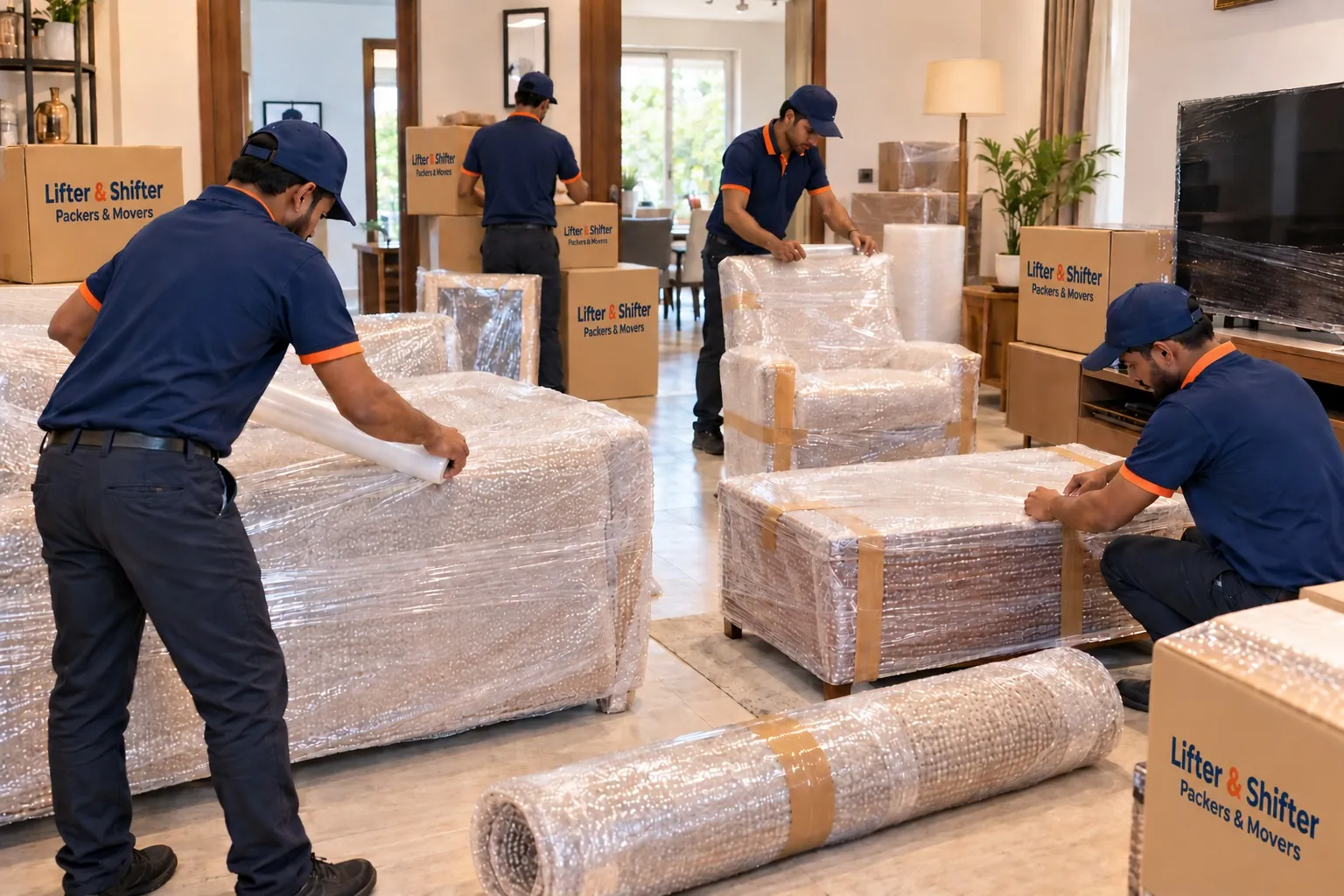 Uniformed movers stretch-wrapping sofas and armchairs in a bright living room surrounded by packed cartons