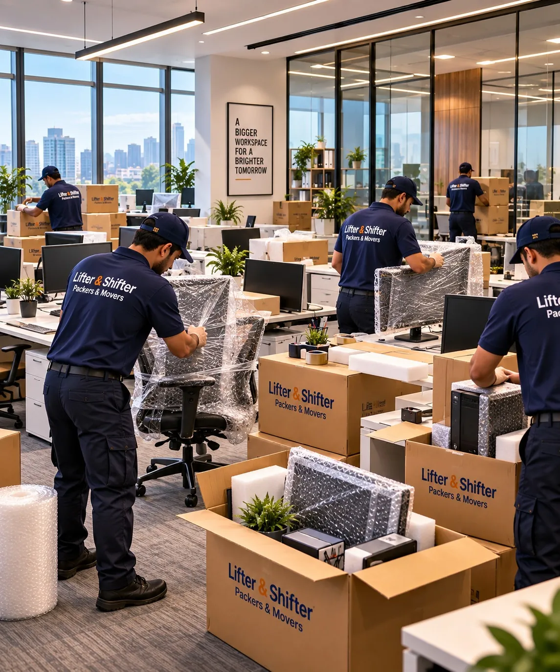 Movers wrapping office chairs and monitors in bubble wrap and packing desk items into cartons in a modern office