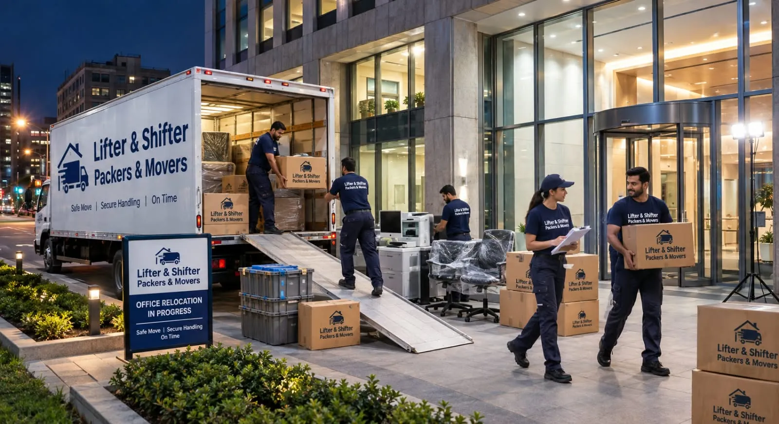 Movers carry boxes and wrapped office chairs from a glass office tower to a branded truck at night