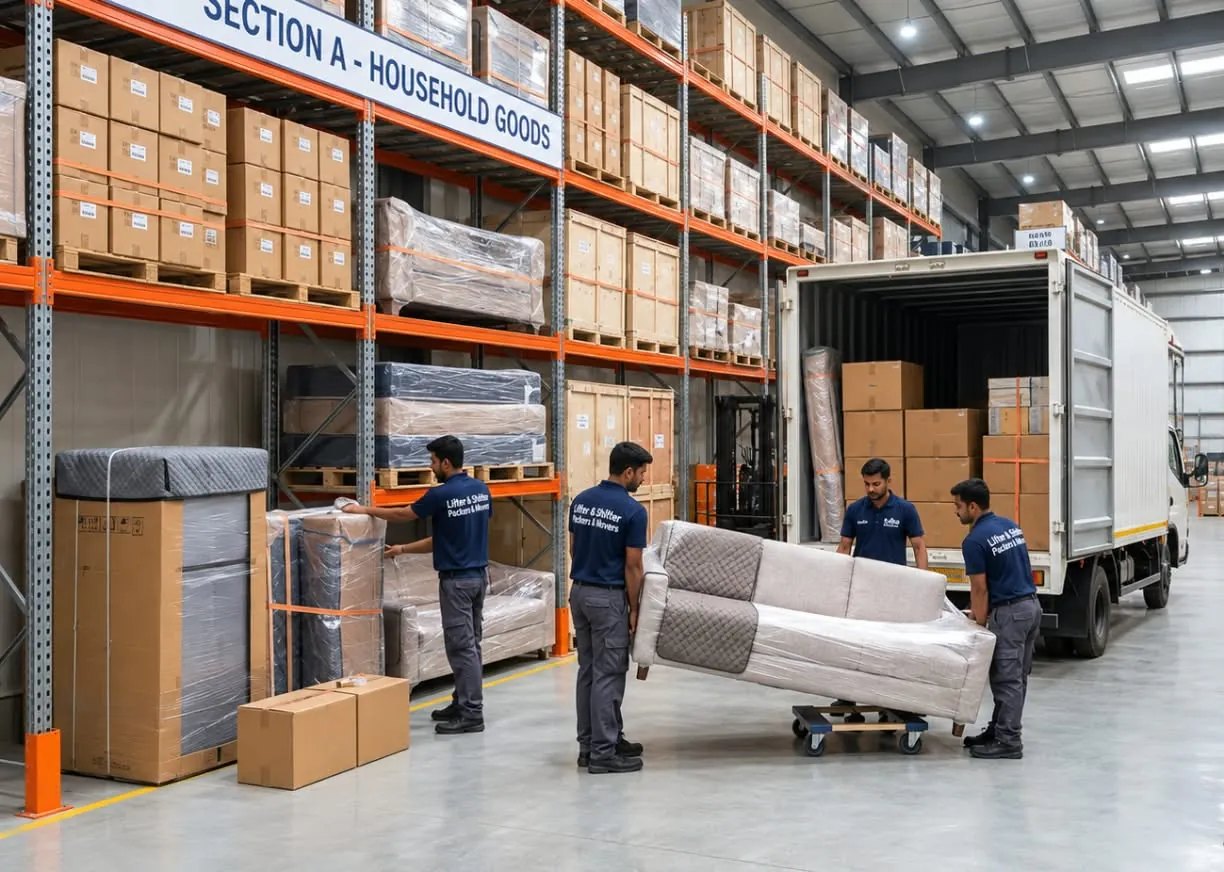 Warehouse staff move a wrapped sofa on a dolly between racks of palletised household goods